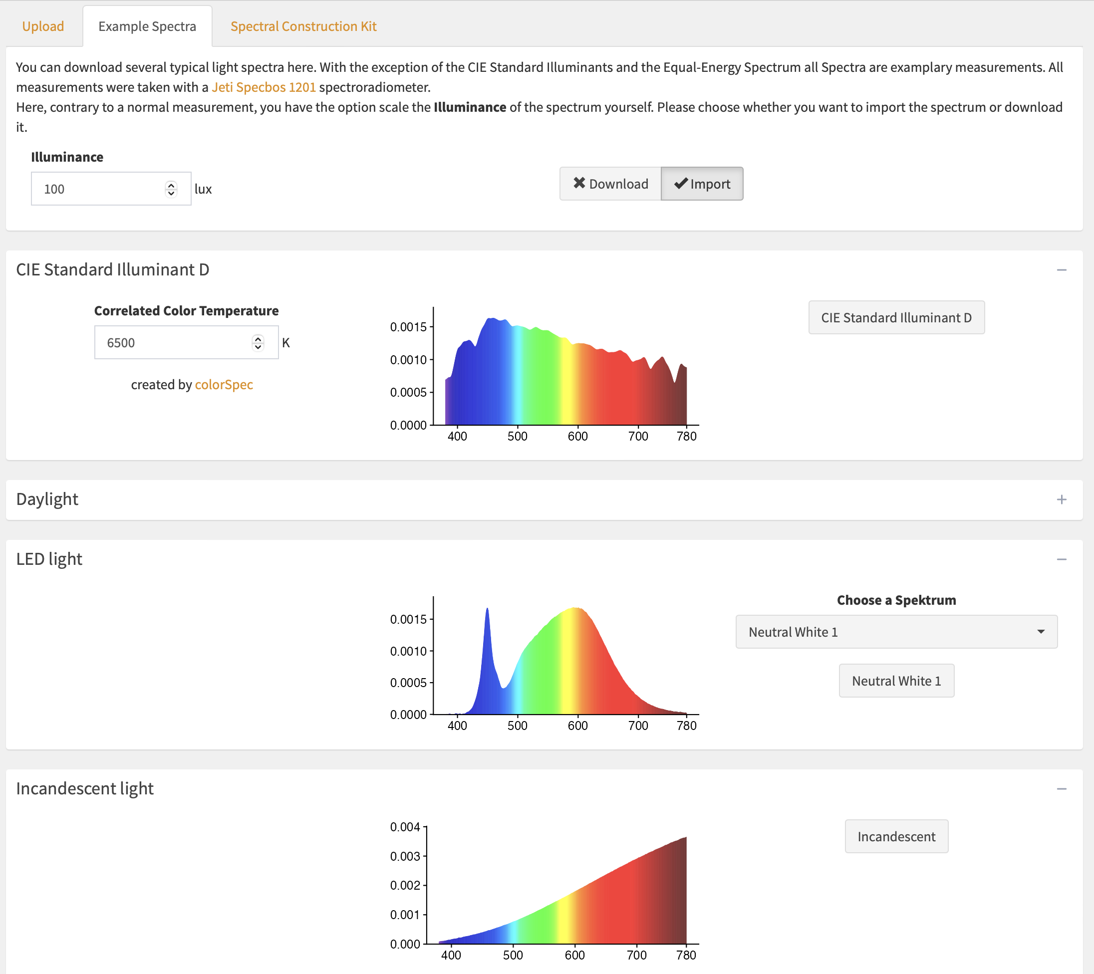 UI for Example Spectra Import